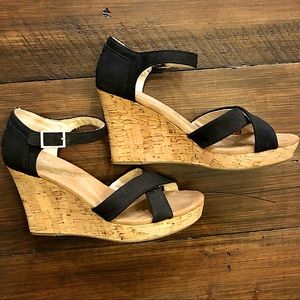 Toms Black Strappy Canvas Wedge Sandals